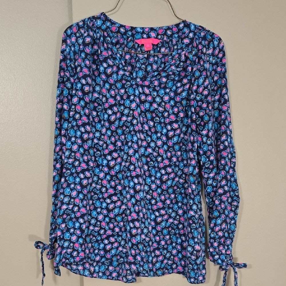 Lilly Pulitzer Esia Blue and Pink Floral 100% Silk Blouse Size Small
